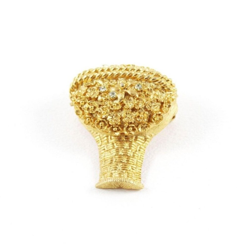 Avon Gold-Tone Floral Basket Brooch Pin With Rhinestones